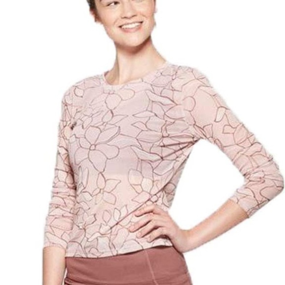 JoyLab mesh long sleeve floral top, Color: Rose Taupe Pink athletic top, Size M